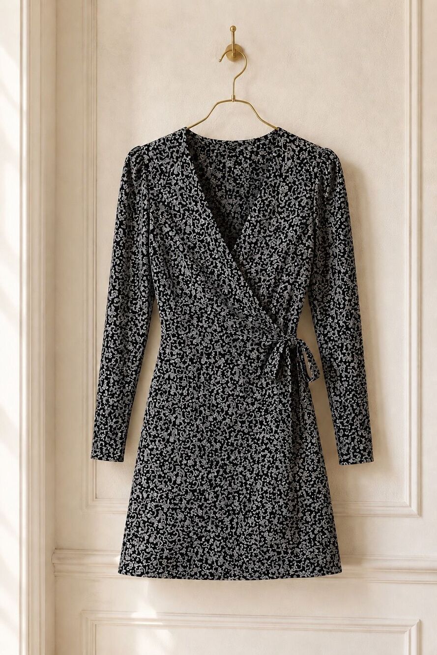 NWT Boden Dress Black Wrap Detail Mini Dress Swirl Sprig Long Sleeve, Sz 14Long